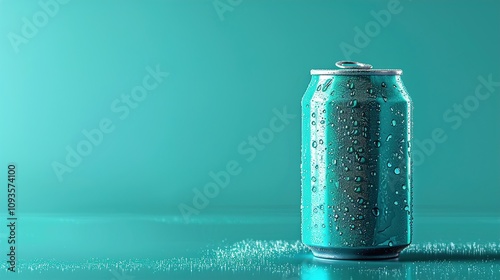 A single soda can covered in frost, sitting on a smooth teal background. The vibrant label stands out, with condensation droplets glistening under bright, even lighting.