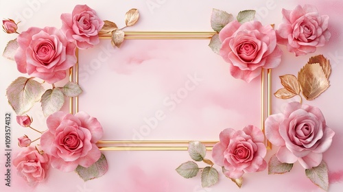 Wallpaper Mural Pink Roses Gold Frame Elegant Floral Design Torontodigital.ca