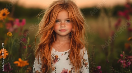 A young girl with vibrant red hair surrounded by colorful flowers, standing in a rural field during sunset, capturing a moment of innocence and natural beauty. photo