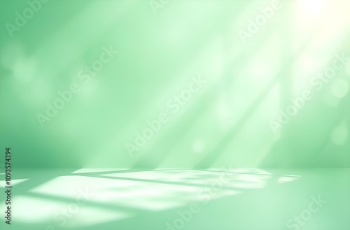 Abstract green background with sunny rays and bokeh.