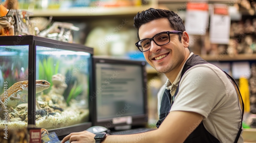 A smiling man at a pet store, interacting with a reptile in a tank. A smiling man at a pet store, interacting with a reptile in a tank.