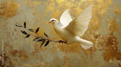White dove flying gracefully with olive branch against a gilded background