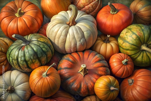 autumn harvest of ripe pumpkins of different varieties and types, healthy lifestyle photo