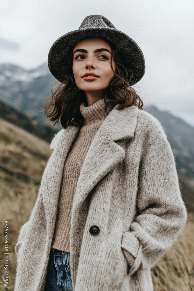 A woman wearing a hat and a sweater stands on a grassy hill. She is smiling and looking at the camera A woman wearing a hat and a sweater stands on a grassy hill. She is smiling and looking at the camera