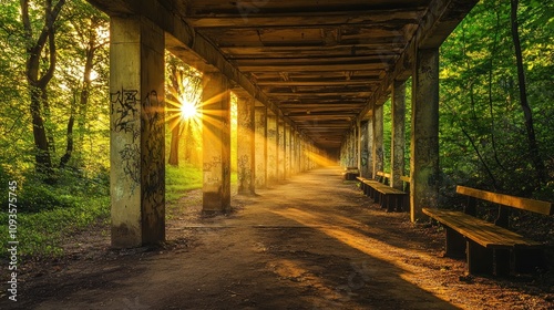 A serene pathway under a structure, illuminated by sunlight filtering through trees.