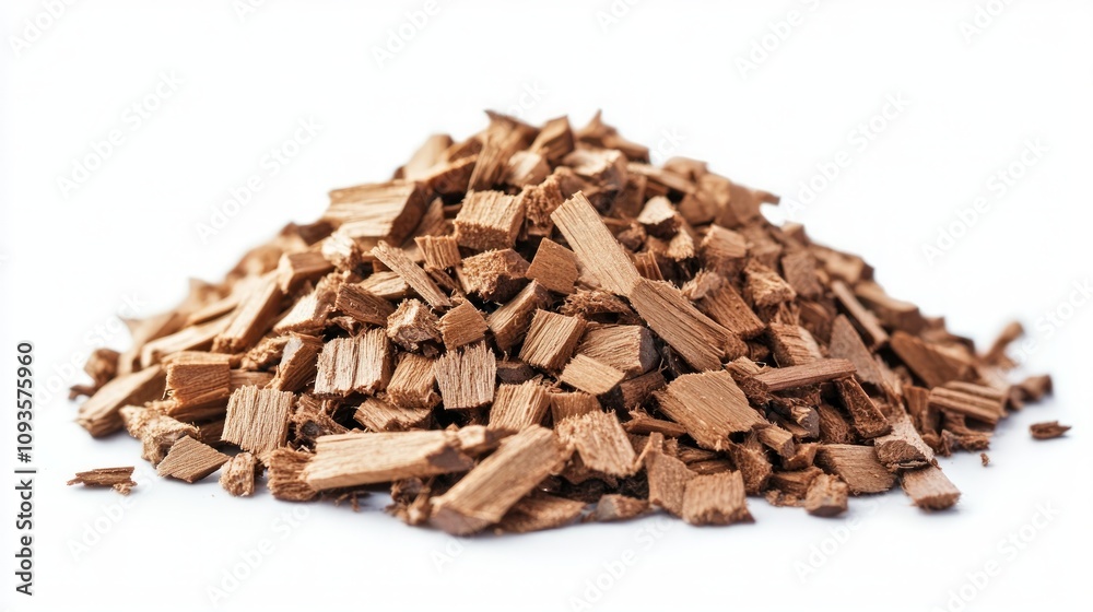 A pile of wood chips isolated on a white background. A pile of wood chips isolated on a white background.