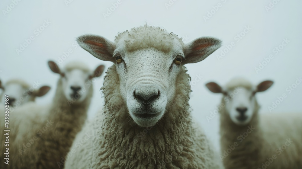 Fototapeta premium Close-up of sheep, one in focus, others blurred.