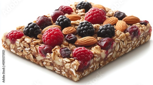 A wholesome granola bar adorned with various nuts and berries, set against a pristine white backdrop, focusing on its fresh and nutritious ingredients.