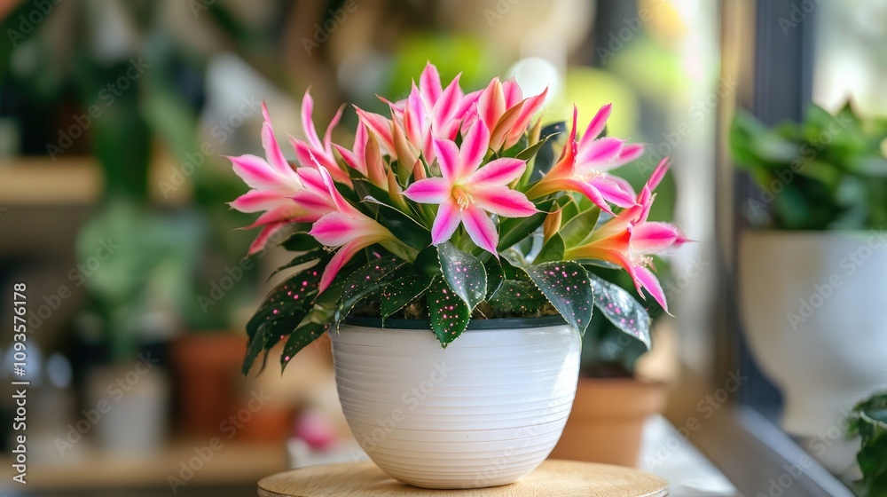 Pink and White Schlumbergera Blooming in a Pot Pink and White Schlumbergera Blooming in a Pot