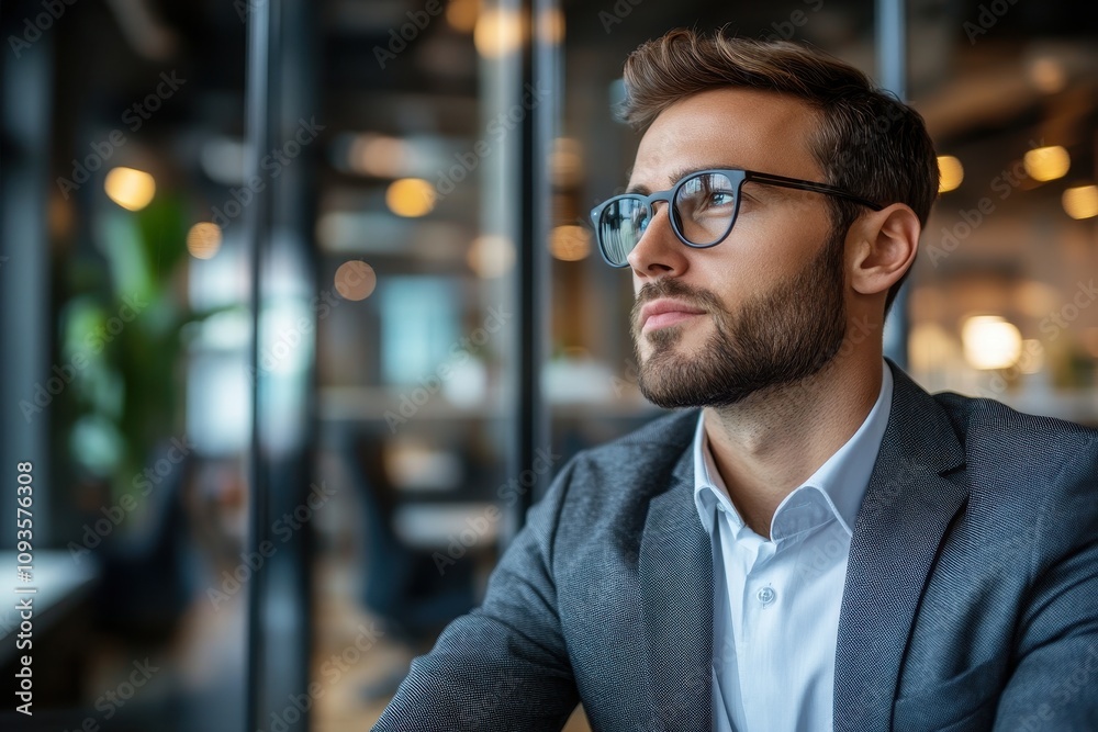 Obraz premium A thoughtful man in a suit gazes out in a modern office setting.