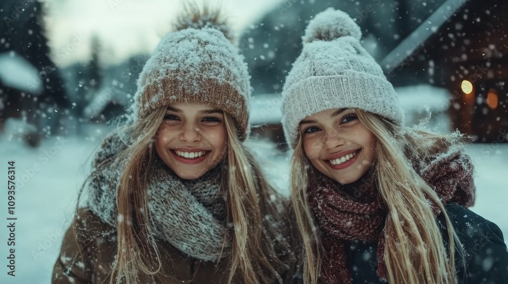 Two smiling women, warmly dressed in winter coats and knit hats, pose outside in a picturesque snowy environment, radiating warmth and happiness despite the cold. Two smiling women, warmly dressed in winter coats and knit hats, pose outside in a picturesque snowy environment, radiating warmth and happiness despite the cold.
