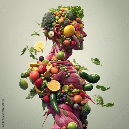 Surreal ai image of male body made of fruits, vegetables. Concept vegetarian life style. Human form created by food. Healthy organism. Well-balanced diet. Image for health food. Biomachine concept. photo