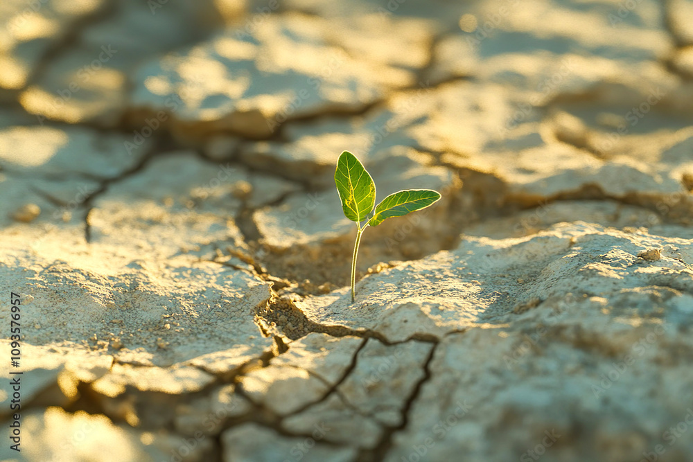 A tiny sprout with fragile leaf grows amidst pale cracked earth under soft daylight. The delicate contrast of green life against barren soil highlights nature persistence. Close up A tiny sprout with fragile leaf grows amidst pale cracked earth under soft daylight. The delicate contrast of green life against barren soil highlights nature persistence. Close up