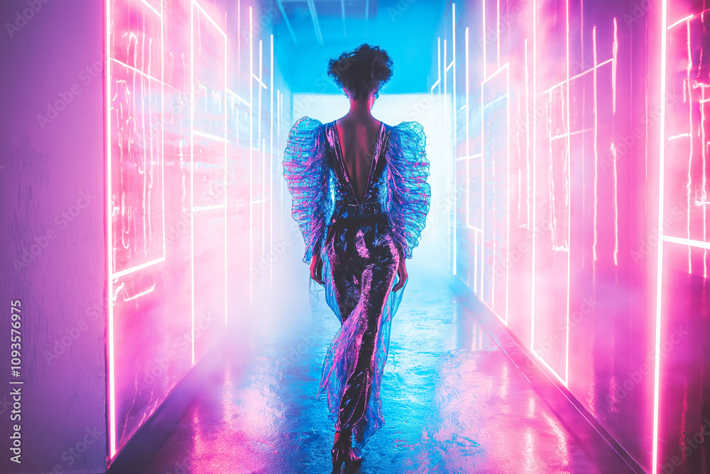 Fashion Designer Creating a Futuristic Neon-Lit Fashion Line at Dusk Fashion Designer Creating a Futuristic Neon-Lit Fashion Line at Dusk