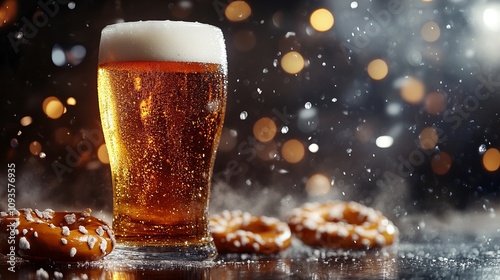 Wallpaper Mural A refreshing image of a frosted beer glass filled with cold brew, surrounded by salted pretzels, set against festive bokeh lights, evoking a celebratory atmosphere. Torontodigital.ca