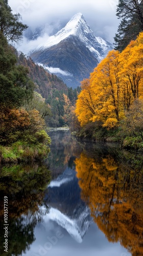 A mountain is reflected in the water of a lake