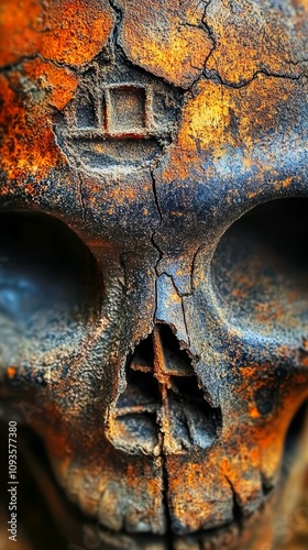 A close up of a rusty metal skull with a hole in it