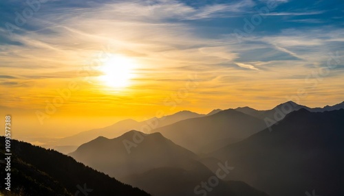 Golden Hour Over Majestic Mountain Range with Scenic Sunset Horizon