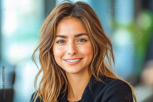 Female executive smiling while discussing electrification strategies in a bright office