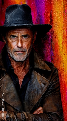 A man in a black hat and leather jacket leaning against a colorful wall