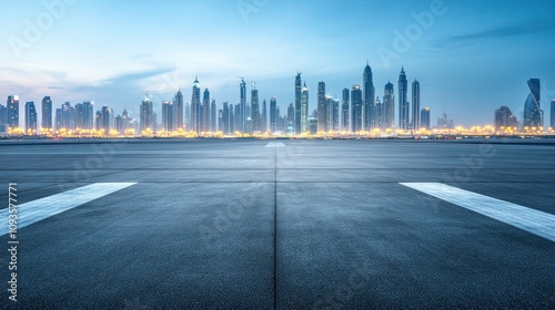 A panoramic view of a city skyline at dusk, showcasing modern architecture and urban life.