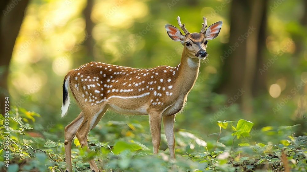 A graceful deer with white-spotted fur stands elegantly amidst a sunlit forest, capturing the essence of nature's innocence and grace under the woodland canopy. A graceful deer with white-spotted fur stands elegantly amidst a sunlit forest, capturing the essence of nature's innocence and grace under the woodland canopy.