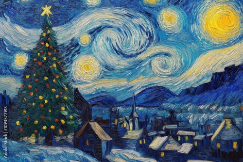 winter wonderland: christmas tree and snowy landscape with village - festive impressionist painting and art card illustration	 photo