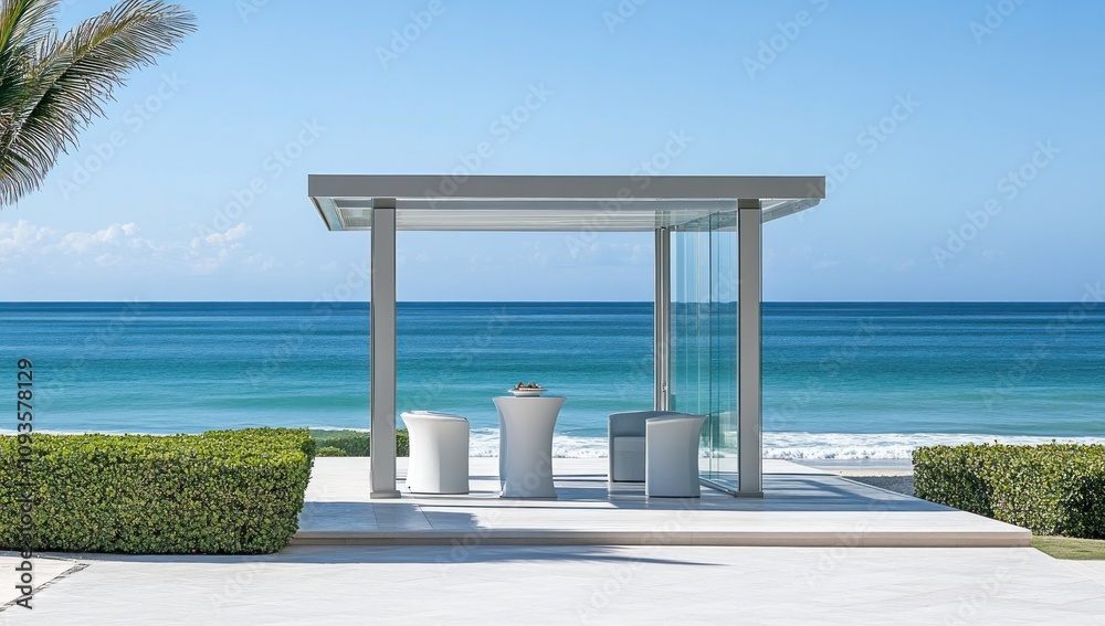 A modern pavilion overlooking a serene beach, ideal for relaxation or dining. A modern pavilion overlooking a serene beach, ideal for relaxation or dining.