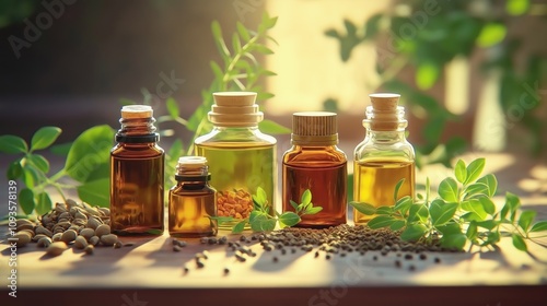 Small bottles of essential oil, herbs displayed on wooden surface. Natural herbal medicine products create spa atmosphere for wellness, healing. Green leaves, seeds arranged around bottles. Light