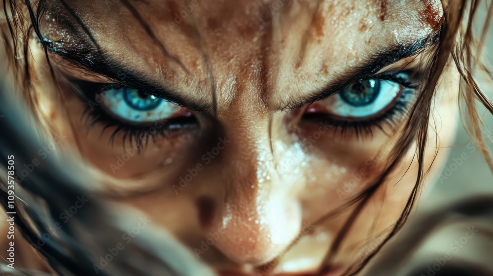 Capturing fierce intensity, this close-up portrays a fierce woman with piercing blue eyes, her strong expression reflecting raw power and determination. Capturing fierce intensity, this close-up portrays a fierce woman with piercing blue eyes, her strong expression reflecting raw power and determination.