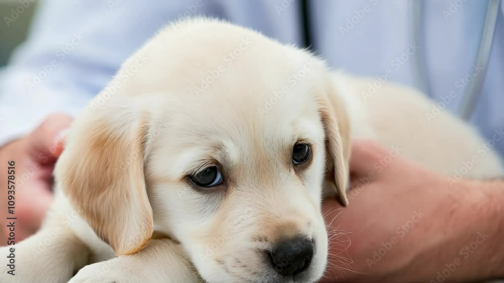 Veterinarian caring for young puppy while answering owner's questions Veterinarian caring for young puppy while answering owner's questions