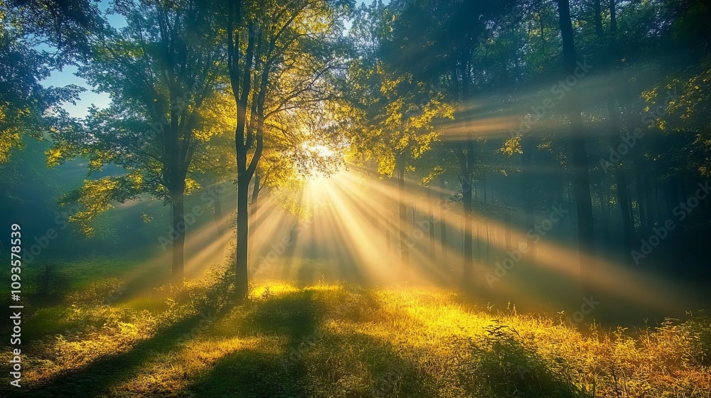 Golden sunbeams pierce through the lush green forest, casting ethereal light on the forest floor, creating a serene and magical atmosphere in nature's embrace. Golden sunbeams pierce through the lush green forest, casting ethereal light on the forest floor, creating a serene and magical atmosphere in nature's embrace.