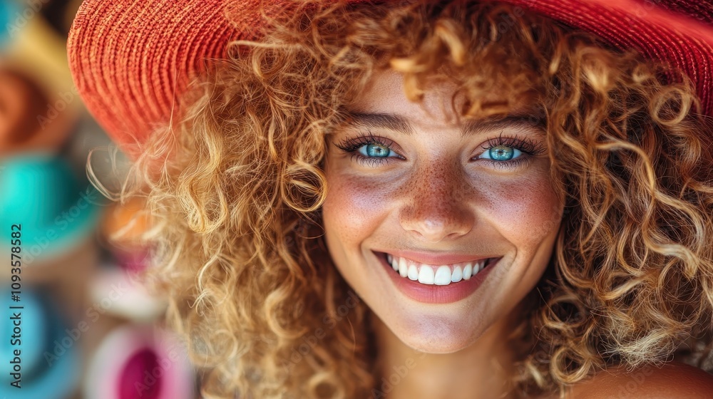 A beautiful close-up of a woman with striking blue eyes, curly hair, and freckles, wearing a red hat, radiating warmth and friendliness under natural light.