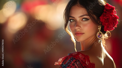 Beautiful woman with red rose in hair, looking over shoulder.