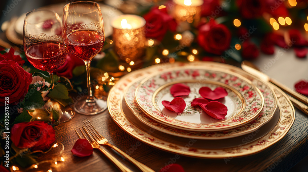 An elegant table set with floral plates and wine glasses adorned with red rose petals, glowing warmly in candlelight, creating a romantic atmosphere. An elegant table set with floral plates and wine glasses adorned with red rose petals, glowing warmly in candlelight, creating a romantic atmosphere.