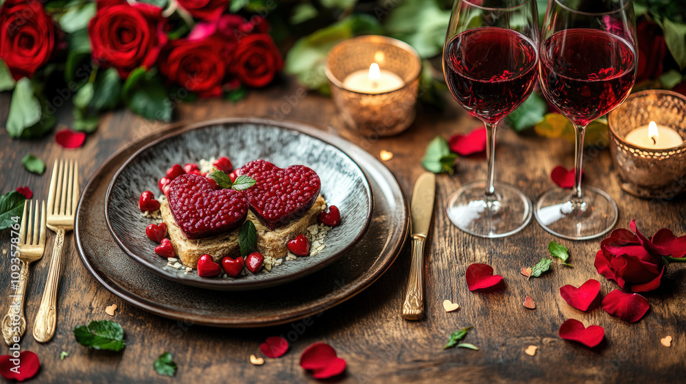 A beautifully presented dessert with heart-shaped toppings next to wine glasses, adorned with rose petals for a romantic dining experience. A beautifully presented dessert with heart-shaped toppings next to wine glasses, adorned with rose petals for a romantic dining experience.