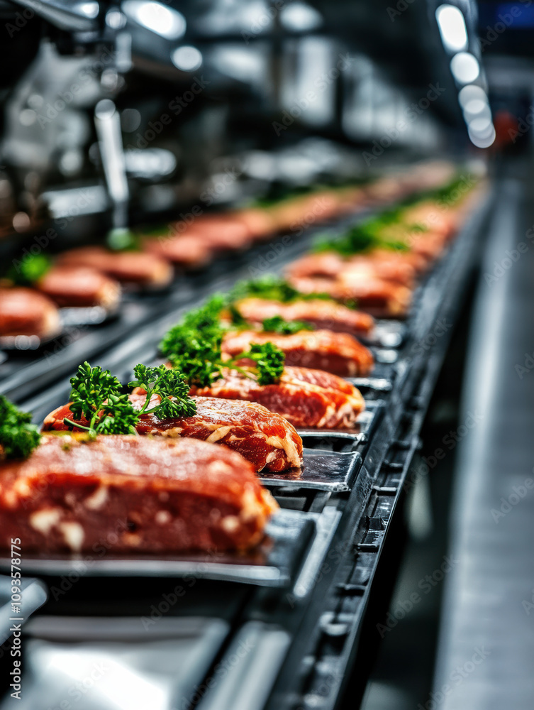 A production line with neatly arranged raw meat cuts garnished with parsley, highlighting precision and freshness in a food processing setting. A production line with neatly arranged raw meat cuts garnished with parsley, highlighting precision and freshness in a food processing setting.