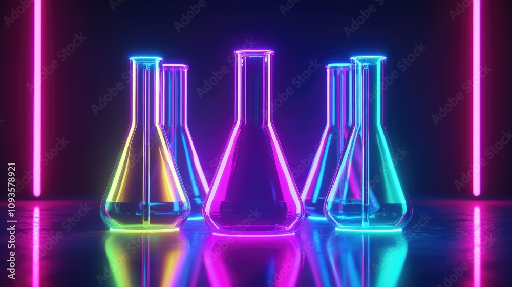 Neon-lit beakers on reflective surface. Neon-lit beakers on reflective surface.