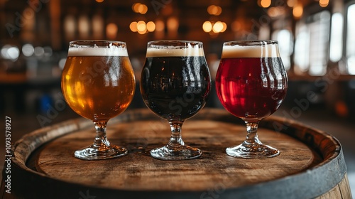 Presented are three glasses of beer, showing strong variations in hues and head foams which visually narrates the diverse world of craft beer enjoyment.