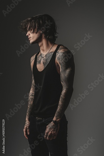 A man with tattoos on his arms and a necklace around his neck stands in front of a gray wall photo