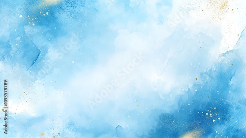 Abstract blue watercolor background with gold splatter.