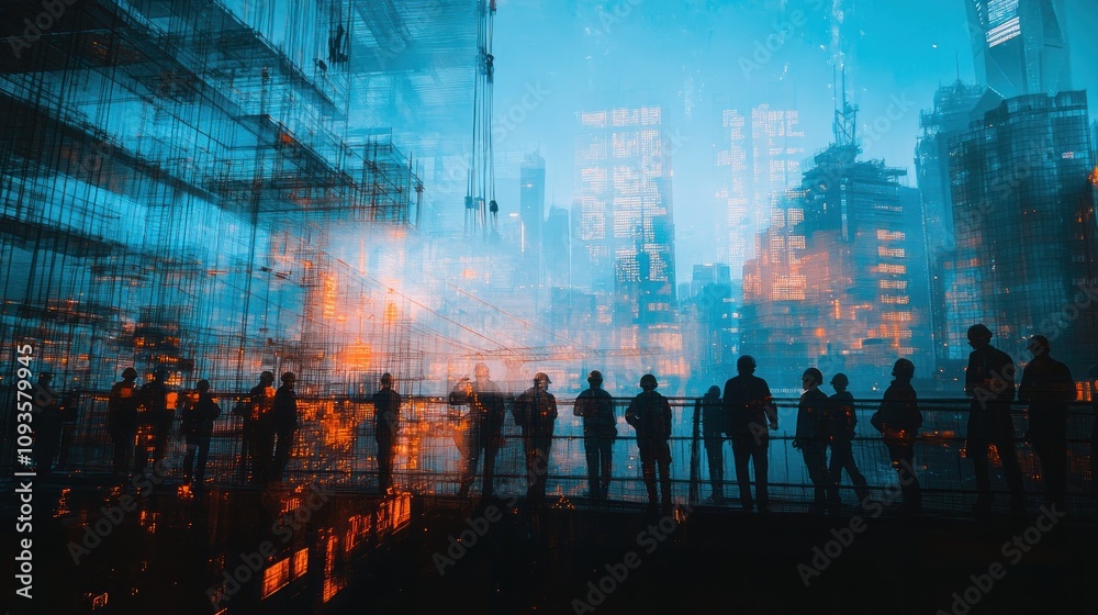 Silhouetted figures against a futuristic cityscape with vibrant colors and digital elements. Silhouetted figures against a futuristic cityscape with vibrant colors and digital elements.