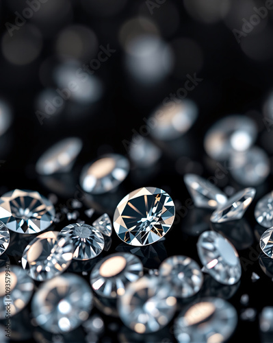 Many shiny diamonds sparkle on a black background. the background is blurred and has beautiful bokeh, photo