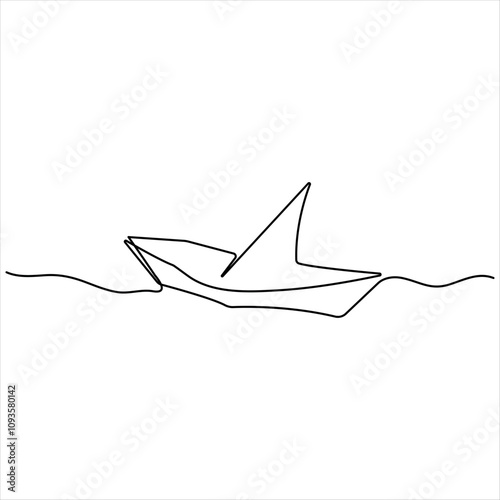 Continuous single line art drawing of paper boat sailing on the water river origami toy design vector illustration