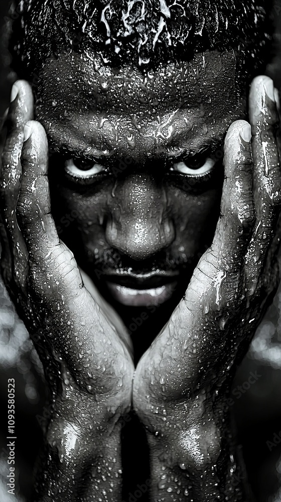 A black and white photo of a man with his hands on his face A black and white photo of a man with his hands on his face