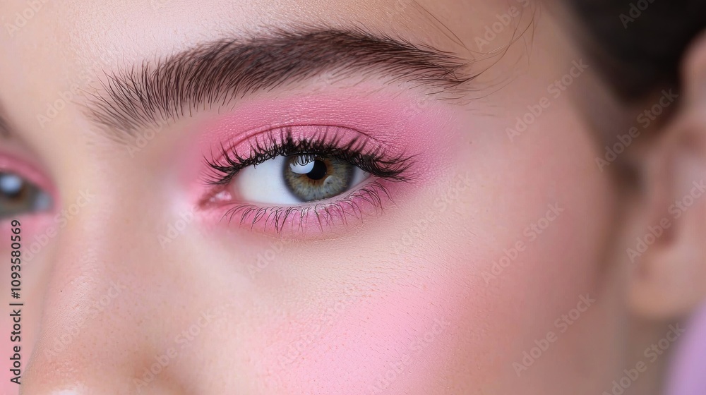 Obraz premium A woman with pink eye shadow and green eyes