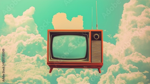 Retro TV floats in surreal sky. Vintage 1960s style poster artwork features old TV set with clouds. Collage digital art style. Colorful digital composition with old-fashioned TV on green background. photo