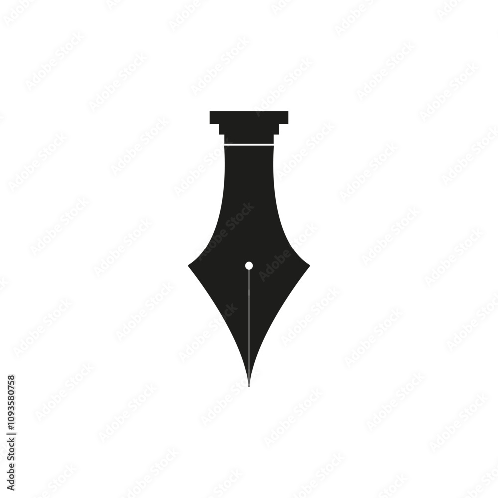 Fountain pen vector icon. Old fountain pen nibs pictogram. Retro fountain nib pen tip. Calligraphy Ink Pen. Black silhouette illustration