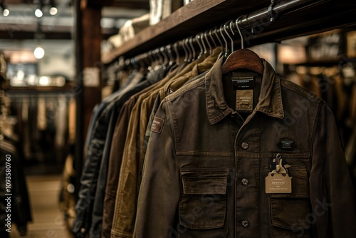 A display of various jackets and clothing in a retail store setting.