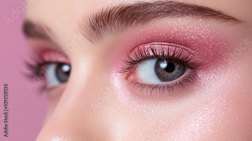 A woman with pink eye shadow and long lashes